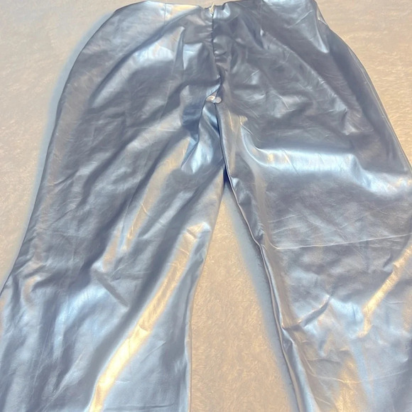 NWT Fashion NOVA Silver Faux Leather Flare Silver Pants w/ Rhinestone Crosses - Picture 12 of 16